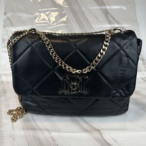 Badgley Mischka Collection Black Quilted Crossbody Bag Vegan Leather Gold Chain